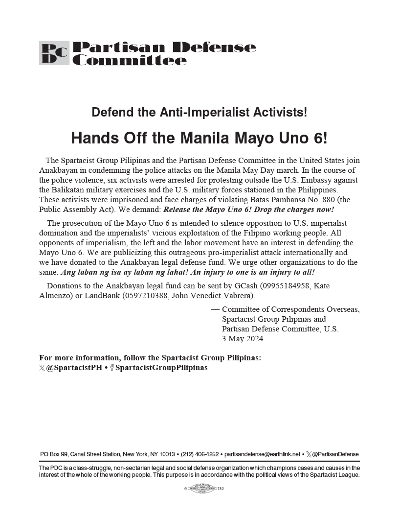 Hands Off the Manila Mayo Uno 6!  |  3 Μαΐου 2024