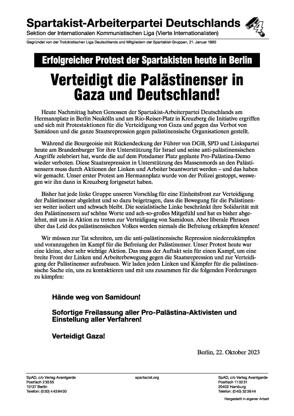 Spartakist-Arbeiterpartei Deutschlands Erklärung  |  22 octobre 2023