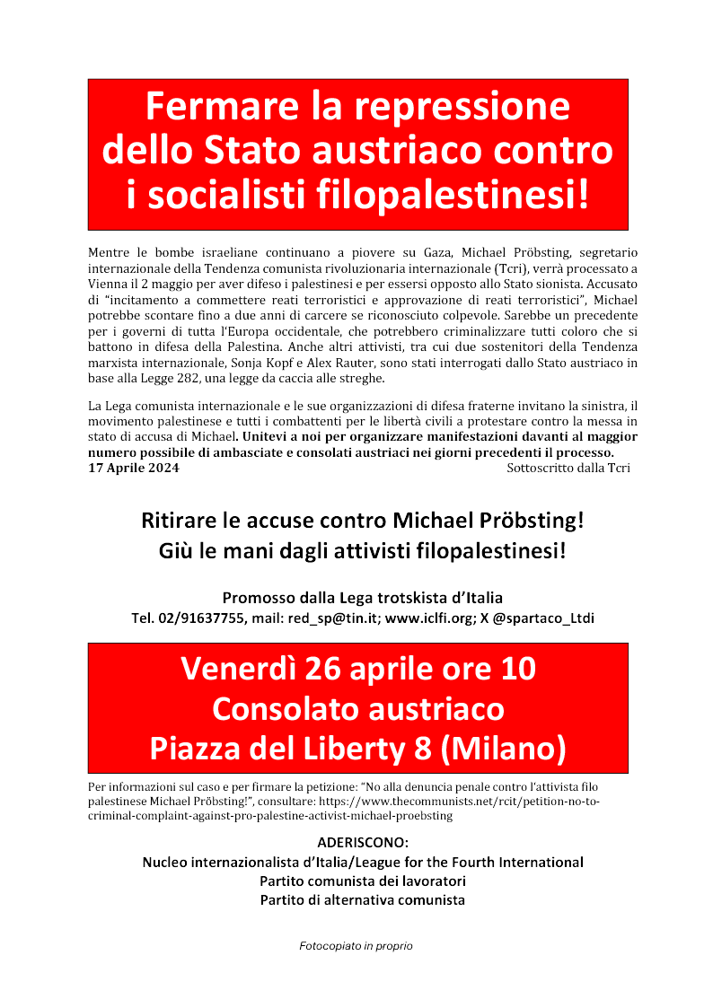 Fermare la repressione dello Stato austriaco contro i socialisti filopalestinesi!  |  ١٧ أبريل ٢٠٢٤