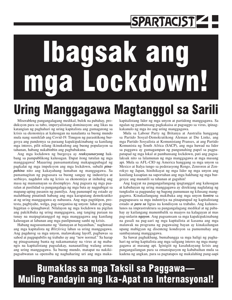 Ibagsak ang mga Lockdown! - Uring Manggagawa Magtanggol sa Sarili  |  1 de outubro de 2021