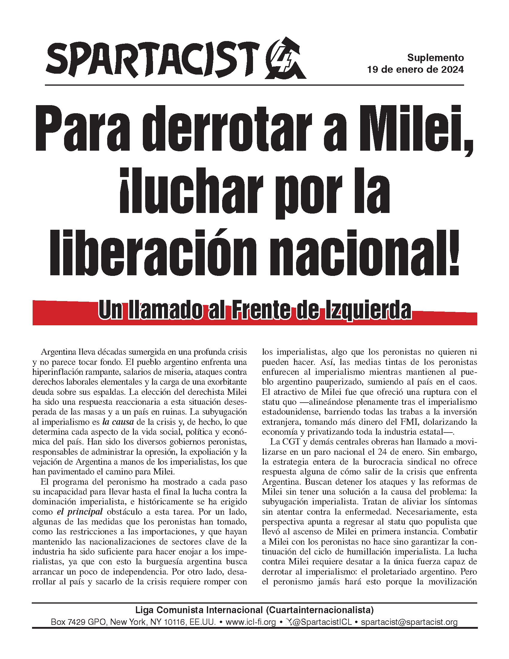 Spartacist (edición en español) supplement  |  19 January 2024