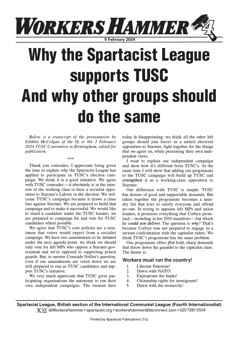 Why the Spartacist League supports TUSC - And why other groups should do the same  |  9 February 2024